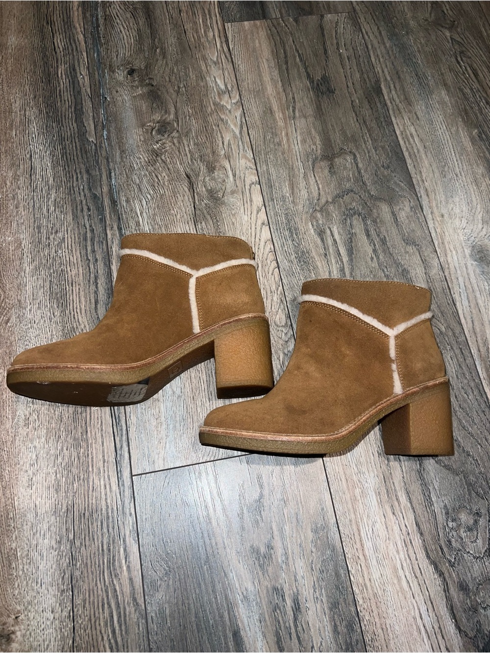 UGG Chestnut Suede Ankle Booties with Cream Trim